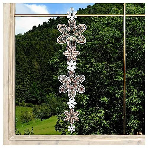 DSD Design-Studio Drechsler Girlande Blütenzauber Fensterbild aus Echter Plauener Spitze in beige-braun Fensterdeko mit Blumen-Motiv 48 x12 cm