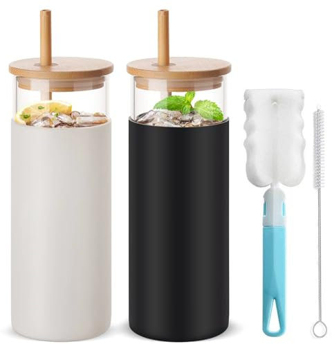 JIIKOOAI Glass Tumbler with Straw and Lid, 20oz/600ml with Silicone Sleeve, Bubble Cups for Ice Tea, Coffee (Black/White)