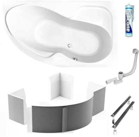 ECOLAM® Eckbadewanne WELA 150x100 cm RECHTS + Wannenträger Styropor befliesbar | Badewanne Acrylwanne Acryl Sanitäracryl Ablaufgarnitur Füße Silikon | rutschfest pflegeleicht