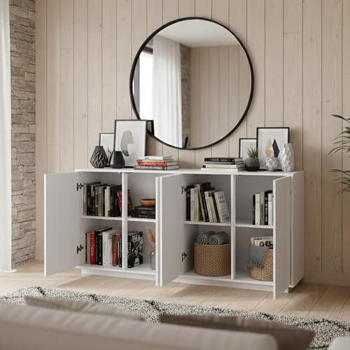 Dmora - Kommode Virgilio, 4-türiges Küchen-Sideboard, Wohnzimmer-Buffet, 100% Made in Italy, 180 x 41 x 86 cm, glänzendes Weiß,
