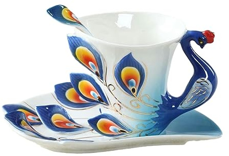 CAPIJIONG 230ML Mode Emaille Porzellan Kreative Pfau Kaffeetasse Personalisierte Farbige Spiegel Tasse für Büro Zuhause Restaurant Café-blau