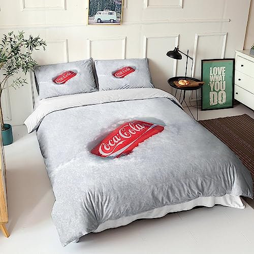 GIOSBR Coca Cola Bettbezug Set Mädchen Junge Kinder 3D Gedruckter Soda Bettwäschegarnitur Bettwäsche Reissverschluss Und Kissenbezüge Weich Microfaser 3 Teilig King(220x240cm)