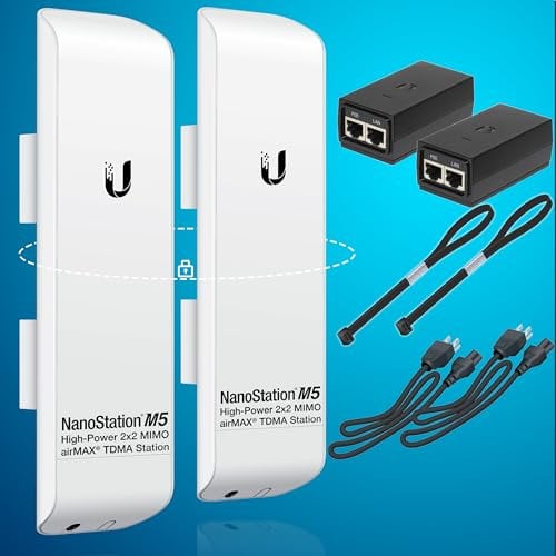 Wireless Bridge Ubiquiti NanoStation M5 PRE-CONFIGURED Bundle of 2 Ubiquiti airMAX NSM5-US, Point to Point Outdoor WiFi Bridge, Plugh and Play, 5GHz, 150+Mbps, 15+km Link Range, Network WiFi Bridge.