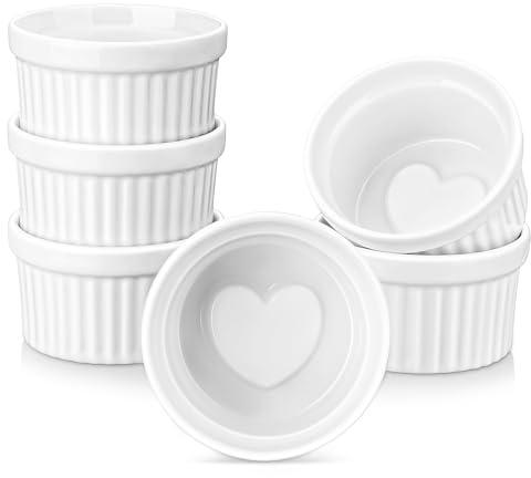 LOVECASA Ramekins 6 oz for Creme Brulee, Porcelain White Ramekin Set Souffle Dishes Oven Safe for Baking and Dipping Sauces Bowls, Heart-shaped Bottom, Set of 6