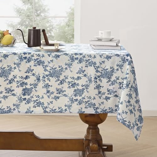 Aoztio Rustikale Blume Drucken Rechteckig Tischdecke, Maschine waschbar Baumwolle Leinen Tischdecke, Indoor Outdoor Vintage Tischdecken für den täglichen Gebrauch - Blaue Blume, 140 × 200cm
