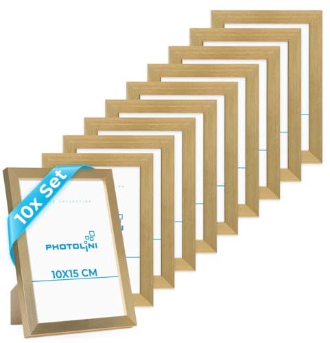 PHOTOLINI Bilderrahmen 10x15 Gold MDF-Holz, 10er Set Poster-Rahmen, bruchsicheres Acrylglas, zum Aufhängen & Aufstellen, extra Zubehör - für Fotos & Poster
