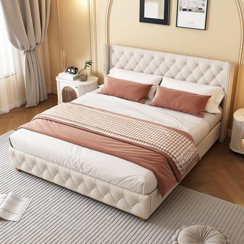 Zravenna Polsterbett 140x 190 cm, Doppelbett betten mit Lattenrost und Metallrahmen Bettgestell, Polster kopfteil mit Knopf-Nieten-Dekoration, Holzbeine, Linen, Beige