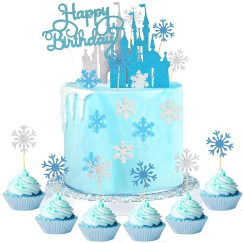 Frozen Kuchen Dekorationen, 73 Stück Silber Blau Schloss Kuchen Deko, Schneeflocken Geburtstags Cupcake Topper Für Kinder Mädchen Frauen Prinzessin Frozen Castle Schneeflocken Thema Geburtstags Party