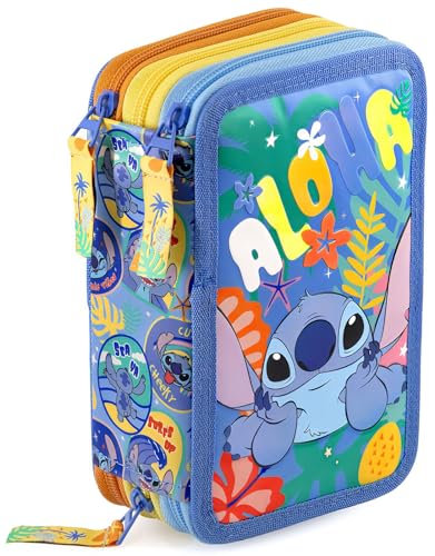 Clondo 3-Fach Federmäppchen – 45-teilig, komplett gefüllt – mit Schere, Kleber, Buntstiften & Filzstiften – Federtasche für Stitch Fan – Blau – Ideal für die Schule & als Geschenk für Mädchen