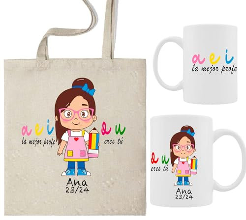 ELISA BOTELLA Pack taza profe + bolsa de tela, kit regalo fin de curso para la profe, bolsa de tela con taza, regalo fin de curso profesores, infantil, secundaria (Pack Profesora AEIOU Personalizado)