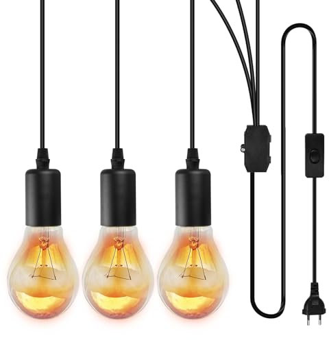 Vegena Hängelampe Mit Stecker Und Schalter, Lampenaufhängung, E27 Pendelleuchten, 3 Flammige Deckenlampe Ideal Für Deckenbeleuchtung Für Esstisch Küche Loft Schlafzimmer Bar Cafes