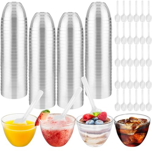Sheryl&Rain 100 pièces 2oz/60 ml tasses coupes gobelets à dessert avec cuillères plastique,verrines réutilisables transparents Circulaire pour pudding, mousse, crème glacée, anniversaire, mariages