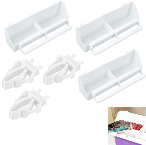 Lot de 3 mangeoires à oiseaux, tasse pour nourriture et eau, mangeoire à oiseaux, bol à boire en PVC pour oiseaux, 2 compartiments bol pour suspendre accessoires, contient 3 pinces