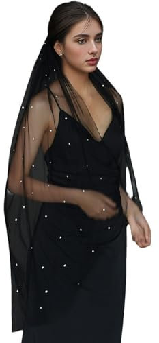 PURFUN Gothic schwarzer langer Schleier mit Pailletten/Strass/Perlen, 1 Etage Hochzeit Brautschleier Halloween Kostüm Schleier mit Kamm, Schwarz/mit Strasssteinen, Einheitsgröße