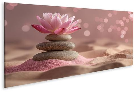islandburner Tableau sur toile Jardin zen avec sable rose, pierres grises, fleur de lotus rose sur vagues douces, images murales poster