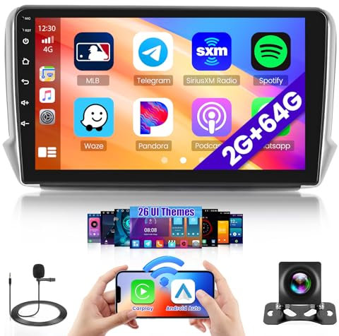Hikity 2G+64G Autoradio per Peugeot 208/2008 2012-2018 Android 15 Wireless Carplay Radio Stereo Android Auto con 26UI 10.1 Pollici Schermo GPS WIFI Bluetooth EQ FM RDS Telecamera Posteriore
