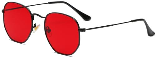 JCTAIFOO Mode Polygon Sonnenbrille für Herren und Damen Leichter Sechseckiger Metallrahmen UV400 Schutz Brille Schwarz/Rot