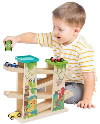 Wooden Race Track Car Ramp Racer for Baby Double Sided,Garage Toys for 3 4 5 Year Old Boys Girls with 4 Mini Cars,Montessori Gifts & Present for Toddler Christmas