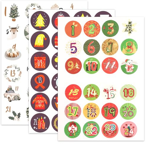 Adventskalender Aufkleber, 3 x 24 Sticker für Kalender zum selber basteln für Weihnachten, Adventskalenderzahlen Etiketten selbstklebend, Zahlenaufkleber, Nummern für Papiertüten