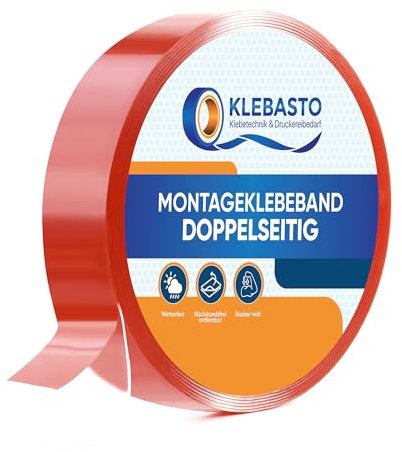 KLEBASTO Montageklebeband doppelseitig transparent | Rückstandsfrei entfernbar | Doppelseitiges Klebeband extra stark | 1mm dick in Profi Qualität (12mm x 5m)