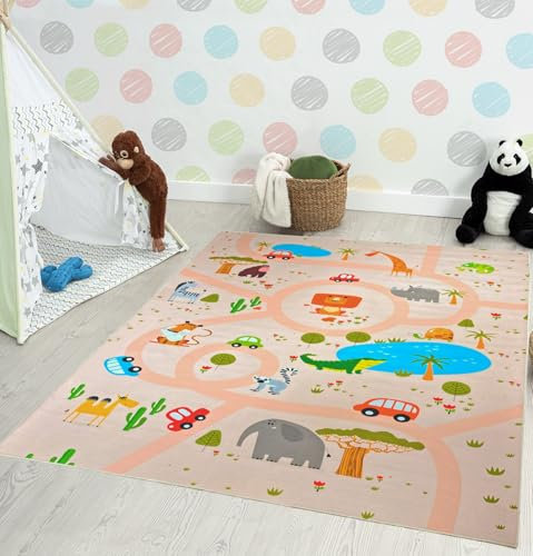 the carpet Happy Life Kinderzimmer, Kinderteppich, Spielteppich, Straßenteppich, Straße, Dschungel, Tiere, Auto, Beige-2, 120 x 160 cm