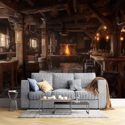 Fototapete Retro-Taverne Mittelalterliche Ästhetik Panorama Natur Modern Wohnzimmer Schlafzimmer Wandtapete Seide Tapete Motivtapeten Bildtapete 3D Effekt Wand Dekoration (300X210Cm)
