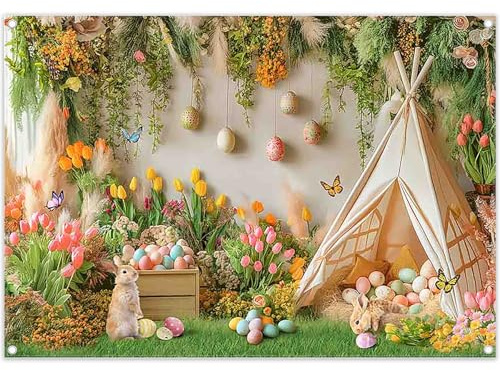 Luminora 7x5ft Fabric Spring Easter Backdrop Tent Colorful Eggs Tulip Bunny Floral Green Grass Photography Background Family Festival Party Decorations Photo Props