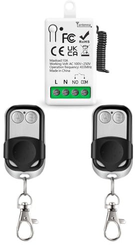 Interruttore a Controllo Remoto Wireless 433Mhz 220V 230V 110V 1 Canale Ricevitore Relè Radio Controllo con 2 Telecomandi Keyfobs Contatti a Potenziale Zero Relè per Luci/Ventilatore/Apriporta