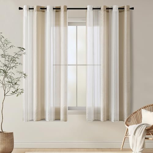 EMEMA Kurz Vorhänge mit Ösen Beige-Weiss Streifen Voile Gardinen Moderner Wohnzimmer 2er Set Stores Schals mit Ösenschal Halbtransparent Dekorieren Schlafzimmer Vorhang 140x137cm