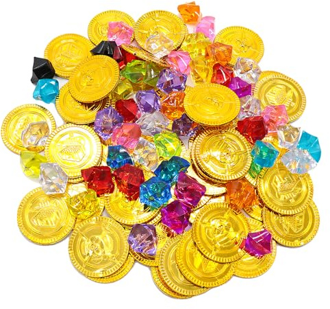 CXNXFD 100 Stück Goldmünzen Piratenschatz Set(50 Goldtaler Kinder und 50 Piraten Edelstein),Piratenschatz für Kinder,Piratenparty Mitgebsel,Schatzsuche Kindergeburtstag