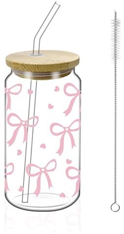 HOMJOY 16oz Iced Coffee Glass Cup with Lid, Straw and Brush, Pink Bow Coquette Aesthetic Tumbler for Coffee, Tea, Milk, Cocktails, Stylish Gift for Friends