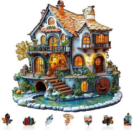 Holzpuzzle Erwachsene und Kinder,3D Glow Cottage Unregelmäßig Einzigartige Wooden Puzzle, Holz Puzzle Erwachsene Mit Geschenkbox Aus Holz (L-250 Stück)