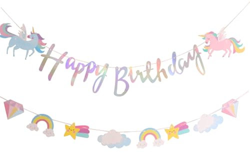 Einhorn Geburtstagsgirlande Set, Happy Birthday Banner, Regenbogen Wolken Sterne Dekoration, 2-teilig, Pastell, Girlande Happy Birthday, Geburtstag Girlande, Einhorn Party Deko Kindergeburtstag