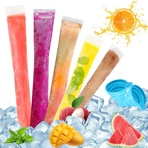 Vaskula 250 Pcs Tube Glace à L'eau Glace a L'eau Floup Popsicles Réutilisable Moule Sacs Popsicle Avec Entonnoir Convient pour les Bonbons au Yaourt les Glaces Faites Maison les Cadeaux de Fête