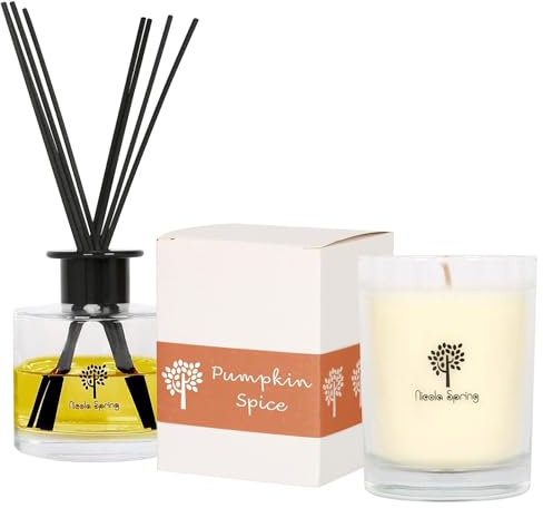 Nicola Spring Soy Wax Scented Candle & Reed Diffuser Set – Pumpkin Spice Fragrance – 160g Candle 28 Hour Burn & 200ml Diffuser 60 Day Scent – Luxury Eco-Friendly Home Fragrance Gift Set