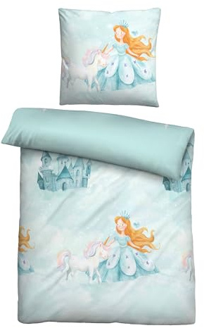 biberna Feinbiber Bettwäsche 0004524 Prinzessin Einhorn 1x 135x200 cm + 1x 80x80 cm, ciel