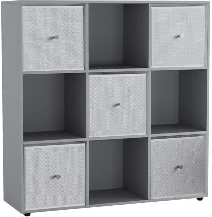 URBNLIVING 9 Cube Storage Unit with 5 Foldable Fabric Drawers, Wooden Freestanding Bookcase Shelf Organiser, Modern Cube Shelving for Bedroom, Office, Living Room, Toys, Clothes & Books