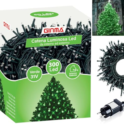 GINMA - Luci Natale Interno e Esterno LED con 8 Effetti Luce, Certificate, Basso Consumo e Impermeabili (Verde, 15 metri (300 LED))