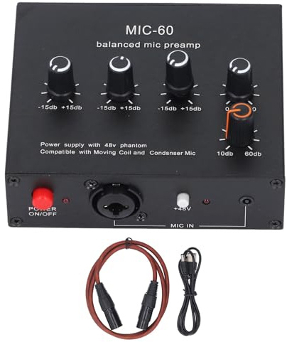 Gearwell-Mikrofonvorverstärker, MIC-Verstärker und Audiovorverstärker, 3,5 mm 6,5 mm XLR-Schnittstelle 60 dB Verstärkung 48 V Phantomleistung DC5-12V