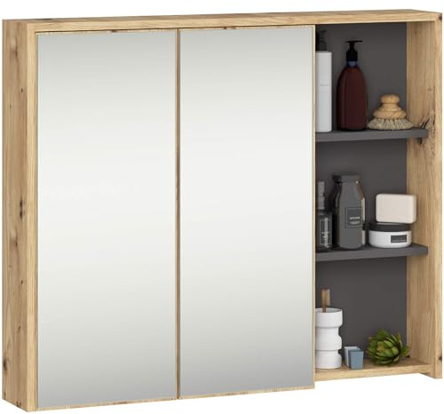 AKORD Armoire de Salle de Bain Miroir VAMI 90 cm - Rangement Mural 2 Portes 6 Étagères - Meuble avec Compartiments Ouverts - Miroir Rangement SDB - 90x75x15 cm - Chêne Artisan & Gris Graphite