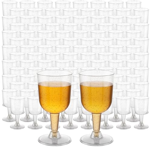 STARVAST Lot de 100 verres à vin élégants en plastique de qualité supérieure avec paillettes argentées - 160 ml - Verres à cocktail réutilisables - Verres à vin dorés en plastique pour mariages