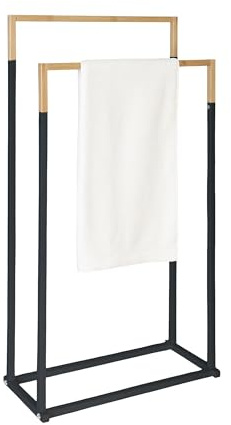 Relaxdays towel holder, HxWxD: 86 x 44 x 21 cm, metal, bamboo, 2 rods, freestanding design, black/natural