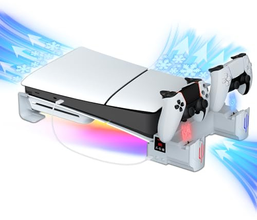 Hosanwell PS5 Slim - Soporte Horizontal para PS5 Slim Disc & Digital, Cargador de Controlador Dual con luz RGB multimodo y Ventilador de refrigeración de 3 Niveles, Color Blanco