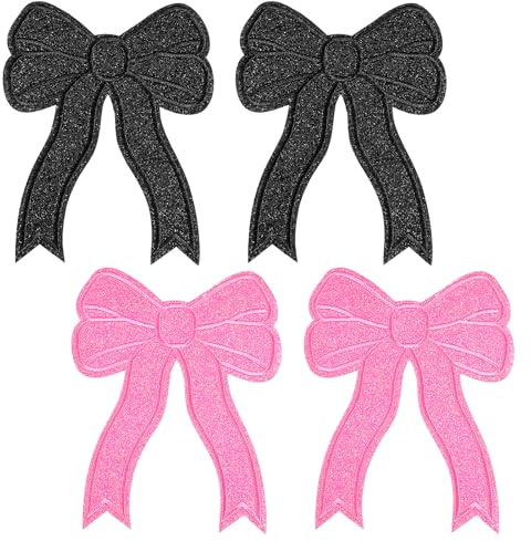 4 Pcs Glitter Bow Iron On Patches, 2 Pink & 2 Black Bowknot Embroidered Appliques, Cute Large Bow Patch, DIY Sewing Patch for Jacket, Jeans, Hat & Backpack(5.12 x 4.13)