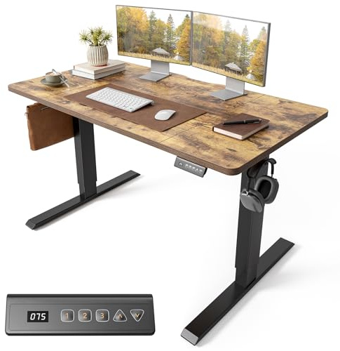 FEZIBO Electric Standing Desk 120 x 60 cm, Height Adjustable Sit Stand Desk with 3 Memory Presets, Home Office Computer Desk, Black Frame with Vintage Brown Top