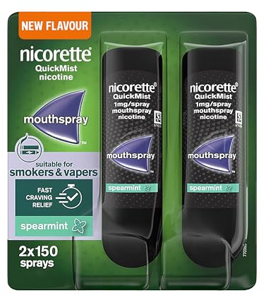 Nicorette QuickMist Mouthspray, New Spearmint Flavour (2x150 Sprays), Quit Smoking or Quit Vaping aid, Starts to Reduce Cravings in 30 Seconds, New mild Mint Flavour (Quit Smoking or Quit Vaping aid)