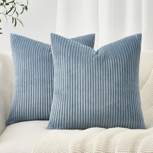 Topfinel Kissenbezug 50x50 Hellblau Kordsamt 2er Set Gestreiftes Muster Kissenbezüge Kissenhülle Dekokissen Sofakissen Couchkissen Dekokissen Zierkisse
