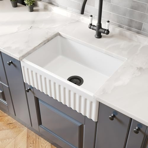 Lussena 605 x 405mm Fluted Ceramic Belfast Kitchen Sink Drop in Single Bowl 1.0 with Free Matt Black Basket Strainer Waste