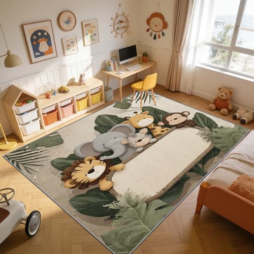 TerroVee Tiere Teppich Schlafzimmer, Süß Cartoon Dschungeltiere Teppich 120x170 cm, Kinderzimmer Löwe Elefant Waschbar Kurzflor Antirutsch Teppiche Für Wohnzimmer Schlafzimmer, Grünbraunorange