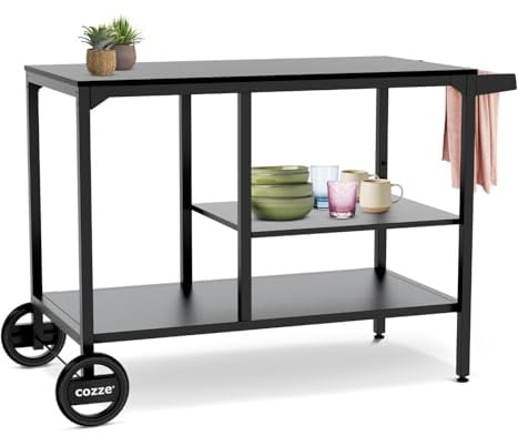 Cozze® BBQ Station carrello barbecue da esterno 115 cm, acciaio zincato verniciato a polvere, ripiano regolabile 3 livelli per forno pizza, ruote grandi, portata 100 kg